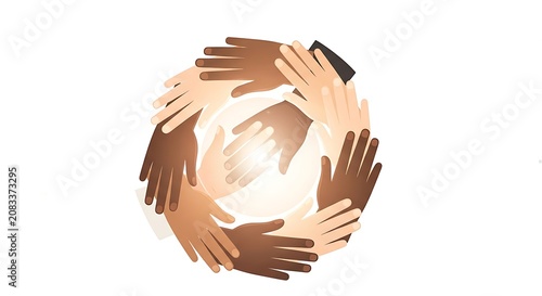 Diverse hands of different skin tones forming a circle with palms facing the center on a white background, symbolizing unity, teamwork, and inclusion.