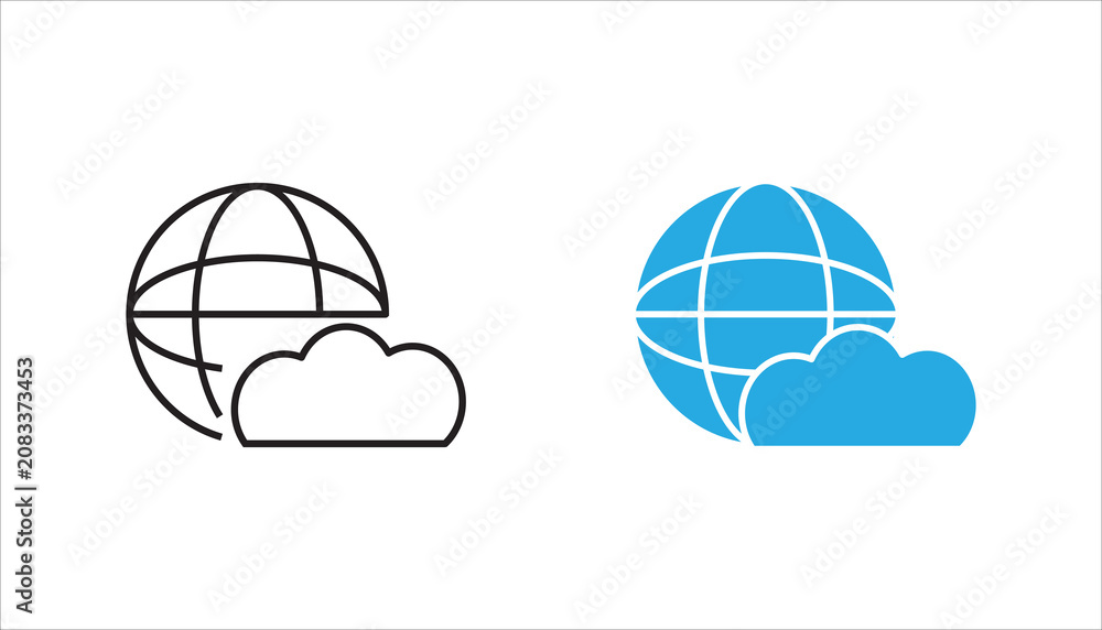 Fototapeta premium Minimal internet cloud network line icon featuring a globe connected with a cloud symbol. Suitable for cloud computing, web hosting, online storage, internet services, networking, and digital technolo