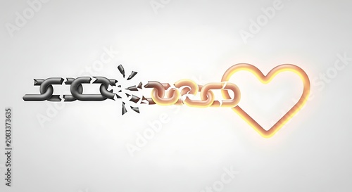 Broken black chain transforming into a golden heart-shaped chain on a light gray gradient. Concept of relationship healing and love.