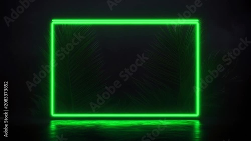 Animated green neon frame with smooth moving tropical palm leaves background video