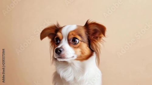 Cute papillon dog looking at camera close up portrait video