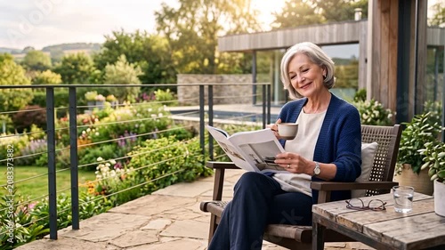 Happy senior woman reading magazine and smiling on modern house terrace video