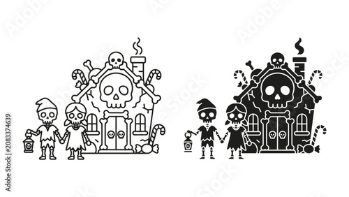 Foto Spooky Halloween Scene: Two children with lanterns approach a creepy gingerbread house adorned with a skull and crossbones motif, hinting at a night of tricks and treats