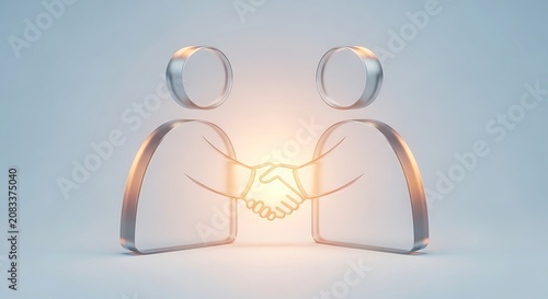 Abstract metallic figures shaking hands with a glowing icon on a light blue gradient background. Business partnership and consensus concept.