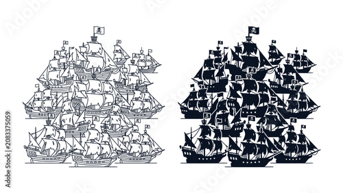 Foto Pirate Armada Confrontation: Two opposing fleets of pirate ships, one in detailed sketch and the other in silhouette, face each other in a dramatic maritime standoff, evoking adventure and conflict