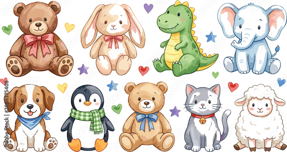 Obraz premium Cute baby animals and plush toys collection vector illustration isolated on a white background