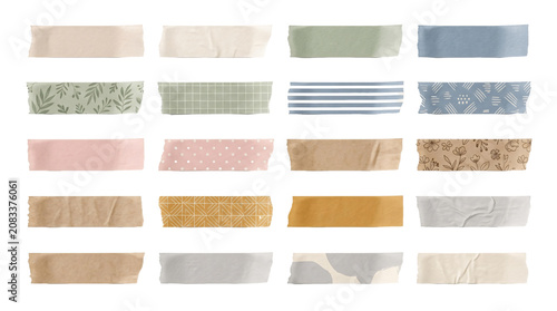 Collection of various colorful adhesive washi tape strips in different patterns and textures.