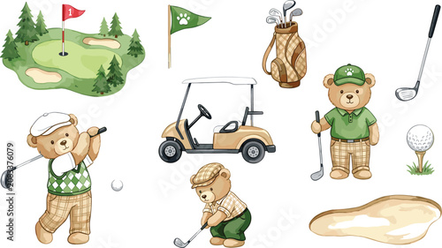 Cute teddy bear golf player set with clubs cart course and sports elements vector illustration isolated