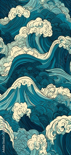 Japanese style blue ocean waves seamless pattern. Stylized ocean waves creating a calming blue and white seamless pattern background