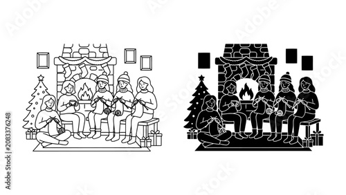 Christmas Carolers by Fireplace: A festive group of people singing carols around a cozy fireplace with a decorated Christmas tree, symbolizing warmth, family, and holiday cheer.