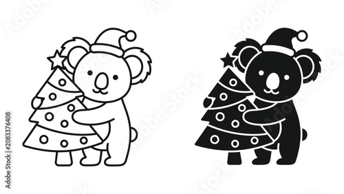 Photography Christmas Koala Hugging Tree: A charming illustration of a koala wearing a Santa hat, holding a decorated Christmas tree