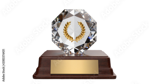 Crystal trophy with gold laurel wreath and wooden base