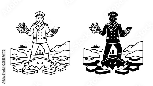 фотографія Arctic Explorer Standing Firm: A resolute explorer, clad in a naval uniform and cap, holds binoculars and a map