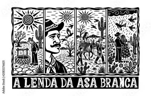 The Legend of Asa Branca. Vector woodcut comic in Northeast cordel style. Brazilian story about drought and hope