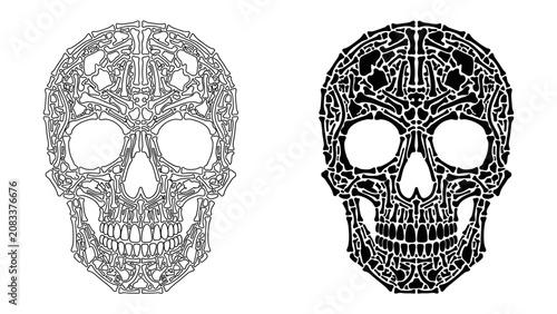 Φωτογραφία Intricate Skull Designs: Two stylized skulls, one in outline and the other in black, showcase elaborate geometric patterns and intricate details