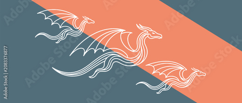 Canvas Print Three stylized white dragons flying across a modern two-tone background in a diagonal composition