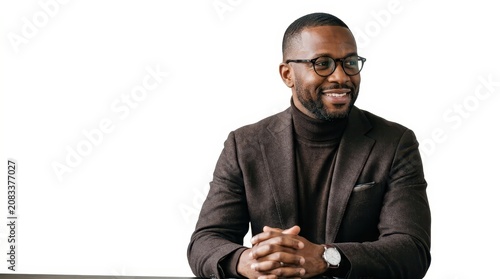Successful african american businessman wearing glasses and a blazer isolated on white background