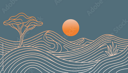 Schilderij op canvas Abstract desert landscape with sun and trees, featuring wavy lines in a minimalist style