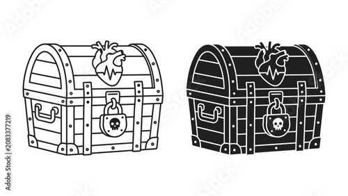 Canvastavla Treasure Chest Illustration: A detailed illustration of a vintage treasure chest, complete with a lock featuring a skull and a heart with a pulse, symbolizing mystery and hidden riches