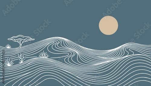 Quadro su tela Minimalist desert landscape with sand dunes, sun, and stylized trees at sunset, vector illustration