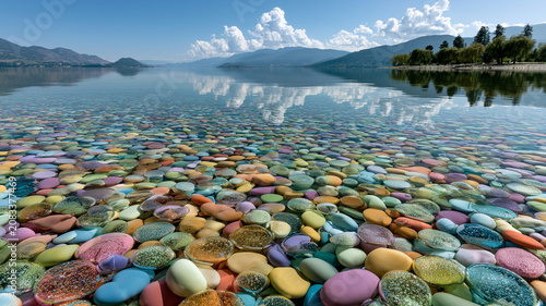 Vibrant colorful pebbles in clear water with mountains and trees in background on a sunny day with blue sky