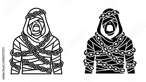 Foto Mummy in Chains: Two illustrative representations of a mummy, wrapped in bandages and bound by heavy chains, convey a sense of struggle and confinement