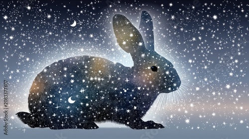 A dark rabbit silhouette dominates the center of the image, intricately filled with a swirling, cosmic galaxy pattern.