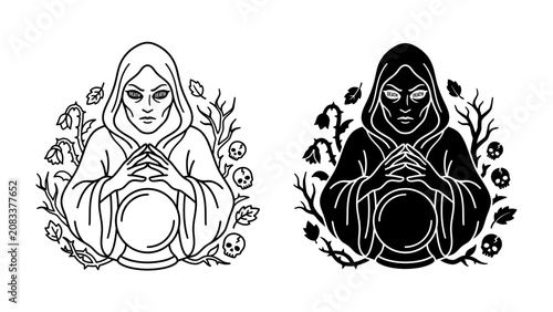 Fotografía Mystical Fortune Teller: A stylized depiction of a fortune teller, cloaked and mysterious, holding a crystal ball surrounded by symbolic elements like skulls and wilting flowers