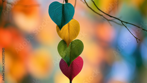 Colorful heart shaped leaves hanging from a tree branch with blurred background
