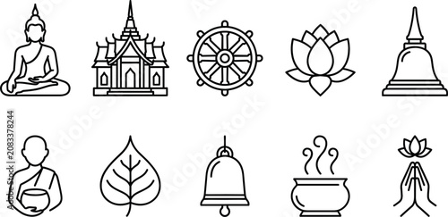 Foto Buddhist Religion and Culture Black Line Icon Set Featuring Meditating Buddha Dh
