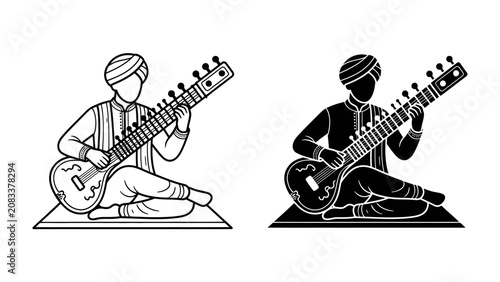 Schilderij op canvas Indian Musician Playing Sitar: An Indian musician in traditional attire sits cross-legged, playing a sitar, depicted in both line art and silhouette styles, showcasing a cultural performance