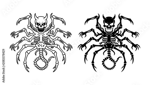Canvastavla Scary Demon Spider Skeleton: A chilling illustration of a skeletal demon spider, complete with horns, fangs, and multiple spindly legs, presented in both line art and solid black variations
