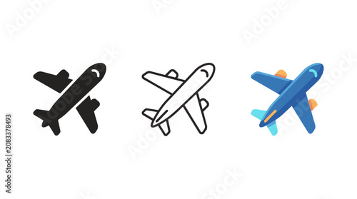 Airplane Icon Set – Aircraft Silhouette, Outline and Colored Vector Illustration for Aviation, Travel and Transportation Design