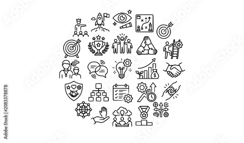 Corporate Culture and Leadership Outline Vector Icon Set with Teamwork Mission Vision Strategy and Organizational Success