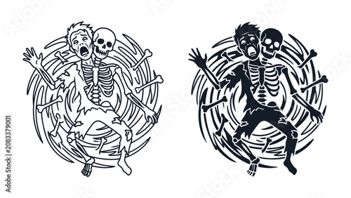 Canvastavla Skeleton Twins Terrors: Two terrifying, fused skeletons with disembodied skulls and flying bones swirl in a vortex of darkness, evoking a sense of dread and horror