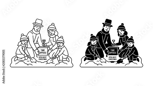 Obraz na plátně Winter Donation Scene: A heartwarming illustration depicts a family in winter attire, including hats and scarves, contributing to a charity donation box amidst a snowy landscape