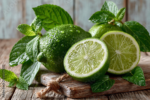 Fresh lime halves and whole citrus fruit with mint leaves on wooden board