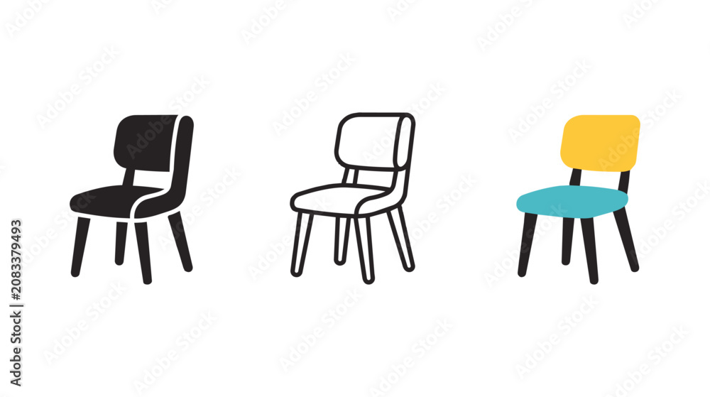 Obraz premium Chair Icon Set - Solid, Outline and Flat Color Furniture Chair Vector Collection