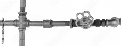 Konstfotografi Silver water pipe with valve isolated on white background