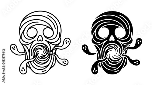 Canvastavla Spooky Skull and Ghost Duo: A stylistic depiction of two skulls, one outlined in black and white, the other a solid black silhouette, both featuring swirling vortexes within their forms