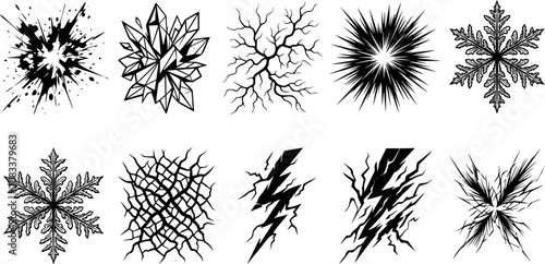 Photos Black vector graphic illustrations of various abstract snowflakes and lightning