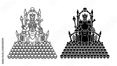Canvastavla Skeletal Throne of Power: Two stylized illustrations depict a kingly skeleton adorned with a crown, seated upon a throne constructed from a vast pile of human skulls
