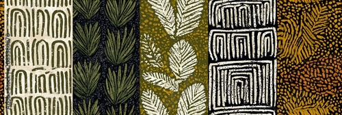African tribal seamless pattern with repetitive geometric gold shapes. Seamless tribal pattern reflecting African art with geometric golden shapes on a dark background