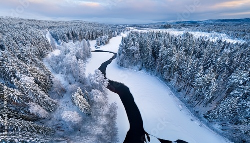 Aerial View Of Snowy Winter Forest With Black River Drone Photography Panoramic Image Of Beautiful Frosty Trees And Loops Of River In Jamtland County Sweden