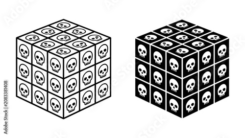 Fotografie Skull Cube Puzzle: Two isometric cubes are depicted, each adorned with a repeating pattern of stylized skull icons