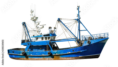 Quadro su tela Blue fishing trawler boat with cranes and rigging