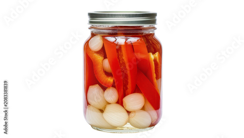 Fotografie Pickled red bell peppers and pearl onions in a glass jar