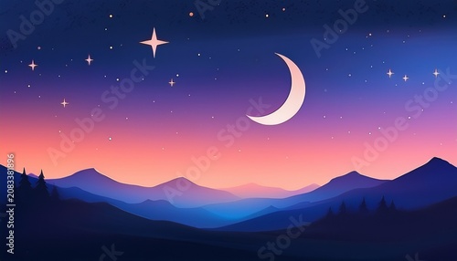Square Minimalist Night Landscape With Crescent Moon Stars And Mountain Silhouettes Against A Glowing Gradient Sky Serene And Atmospheric Design