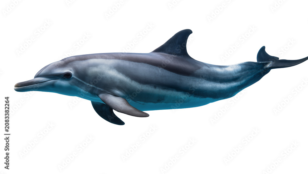 Fototapeta premium Gray dolphin swimming side view, detailed skin texture