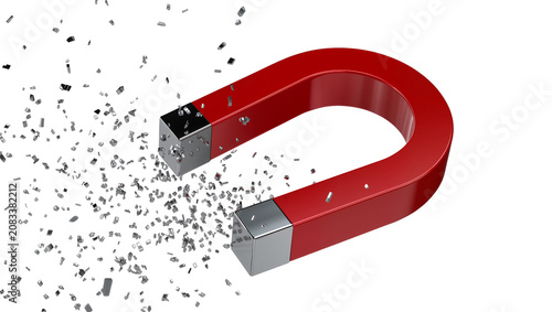 Red horseshoe magnet attracting small metal particles